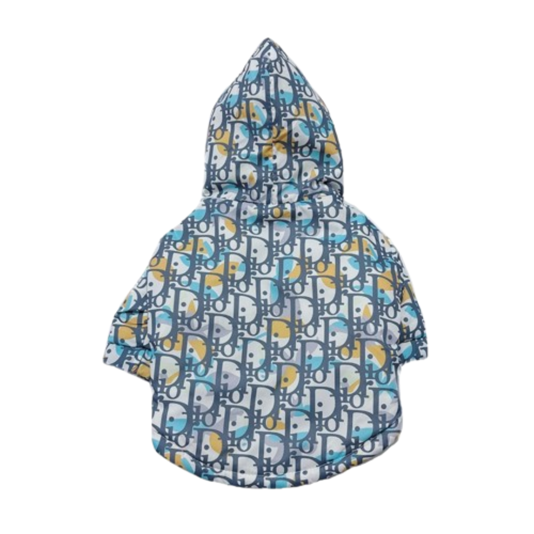 Blue Dogior oblique print hooded dog jacket back view with hood up