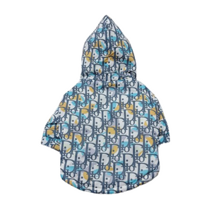 Blue Dogior oblique print hooded dog jacket back view with hood up