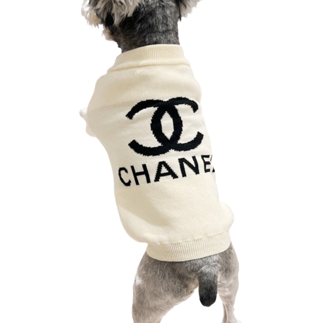 Back view of cream knit dog sweater with CC logo Chanel style design