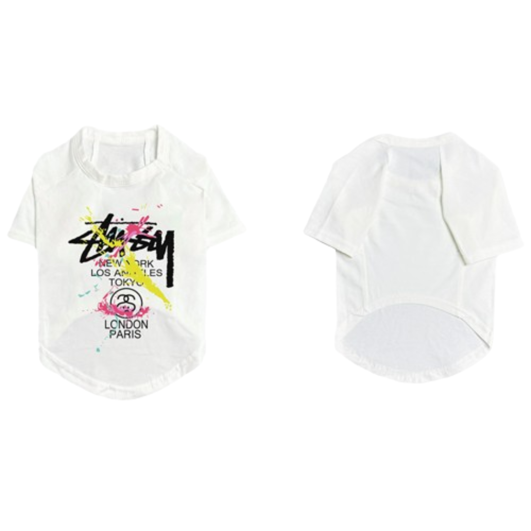 White dog tee with graffiti graphics Anti Social Puppy Club branding
