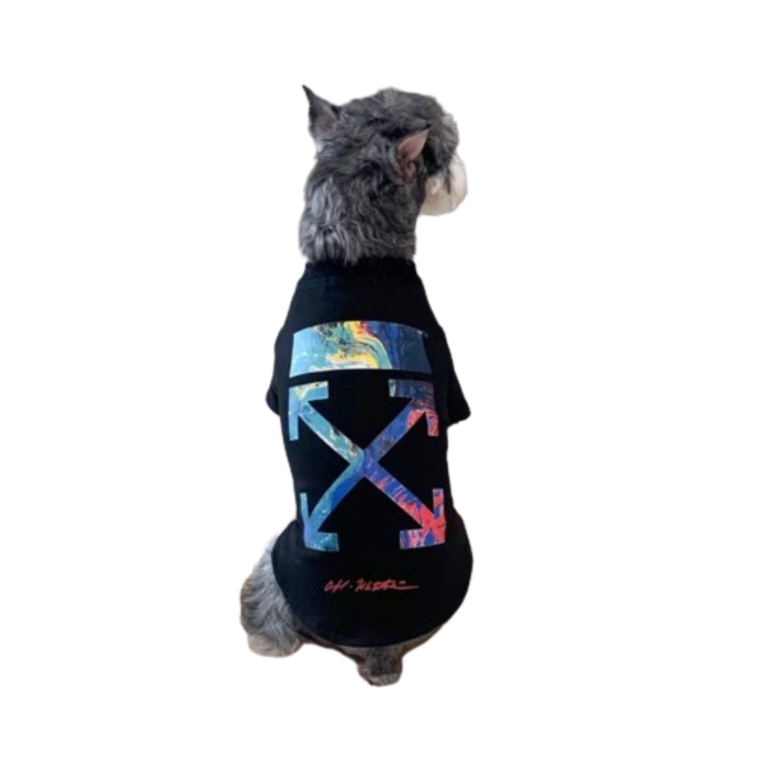 Back view of dog in black streetwear tee showing tropical galaxy arrow design Off-White style