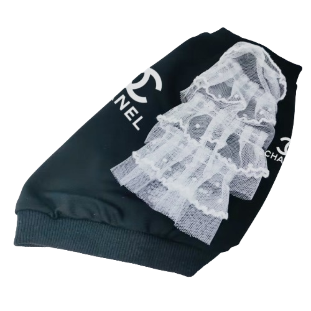 Black hooded dog sweatshirt with white mesh lace sleeve detail flat lay