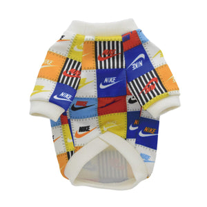 Multicolor patchwork dog sweatshirt with Nike logo blocks in blue orange yellow red