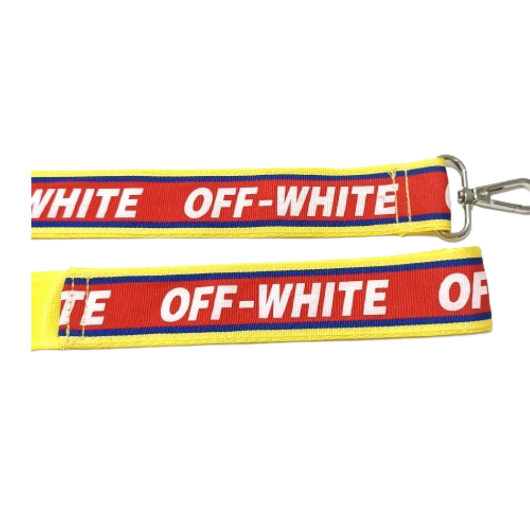 Red dog collar and leash with OFF-WHITE text branding and metal hardware details