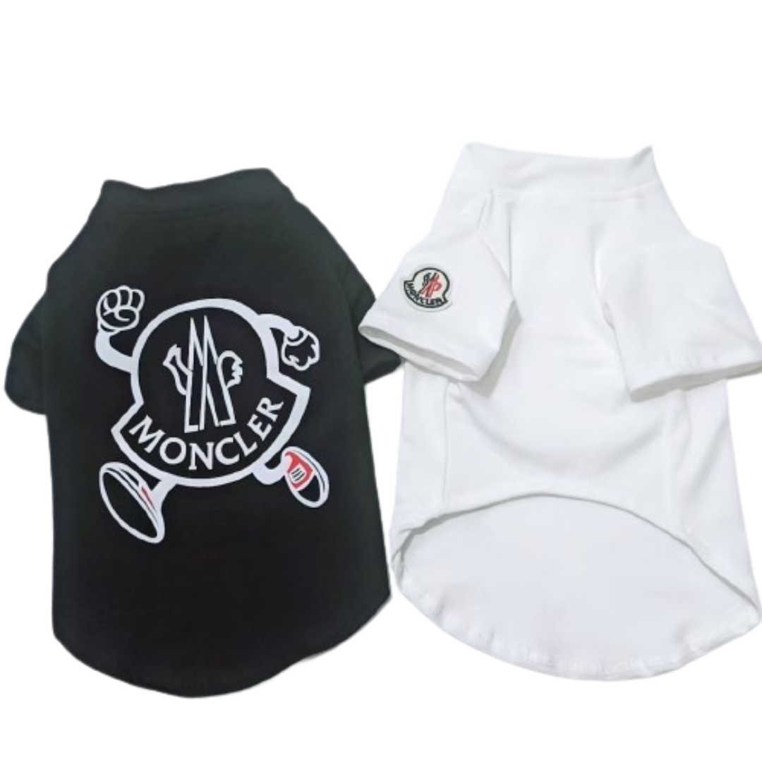 Black cotton dog tee with white Moncler inspired logo badge on chest