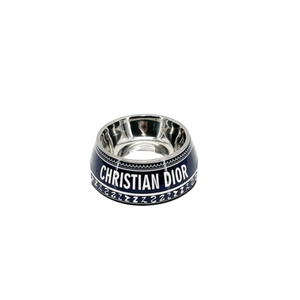 Navy dog bowl with white branding text and decorative border stainless steel feeding bowl