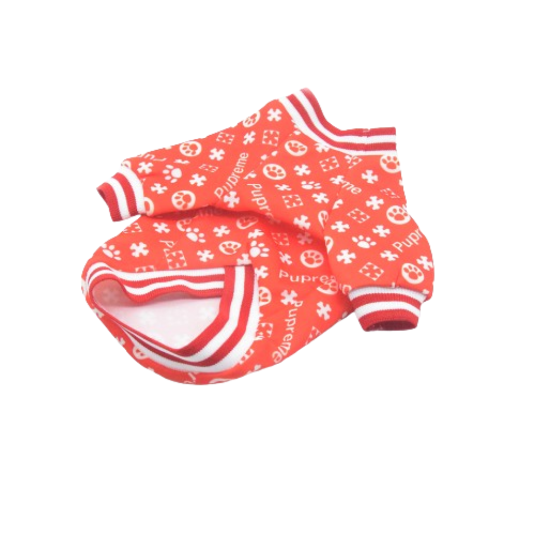 Red Pupreme branded dog tee with allover print pattern and white striped collar detail