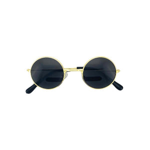 Single pair of round frame dog sunglasses with dark tinted lenses and gold wire frame