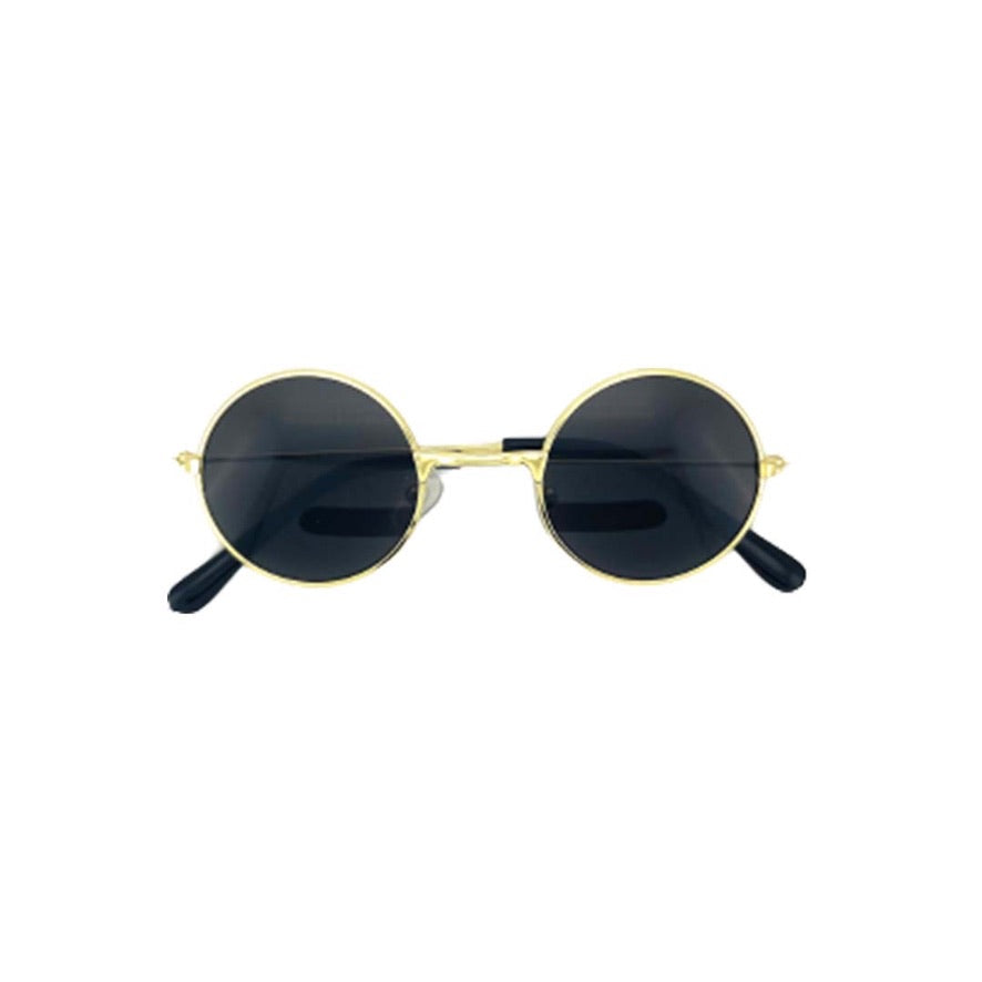 Single pair of round frame dog sunglasses with dark tinted lenses and gold wire frame