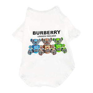 White cotton dog tee with multicolored bear print Burberry style design