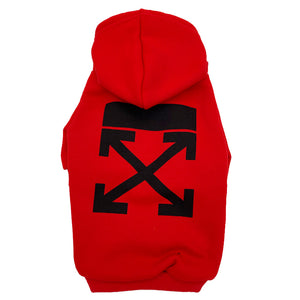 Red dog hoodie with black arrow graphics Off-White inspired streetwear design