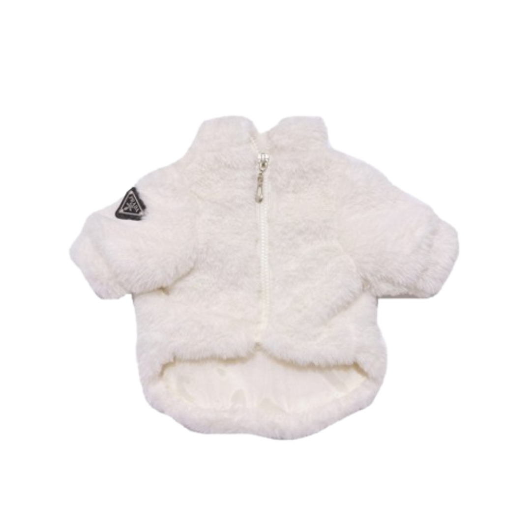 White plush faux fur dog jacket with triangle logo patch and metal zipper closure