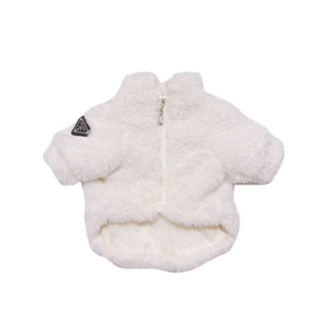 White plush faux fur dog jacket with triangle logo patch and metal zipper closure