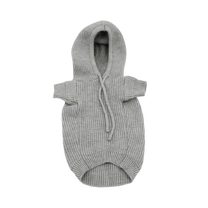 Grey ribbed knit dog hoodie flat lay showing construction and CELINE branding Celine inspired