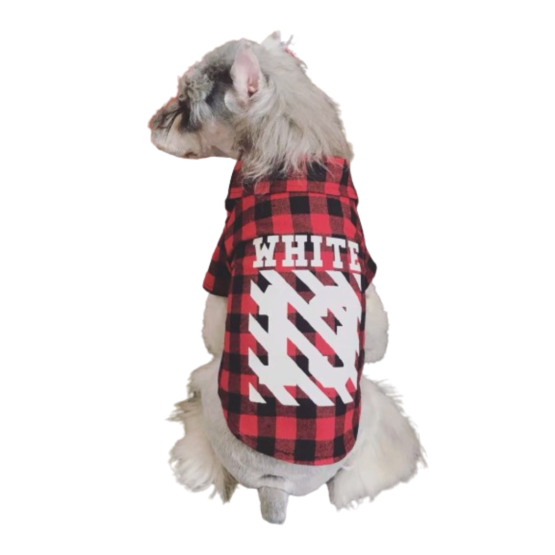 Red plaid dog tee with OFF-WHITE style diagonal branding on small white dog