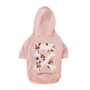 Pink dog hoodie back detail with floral crossed arrows Off-White style design