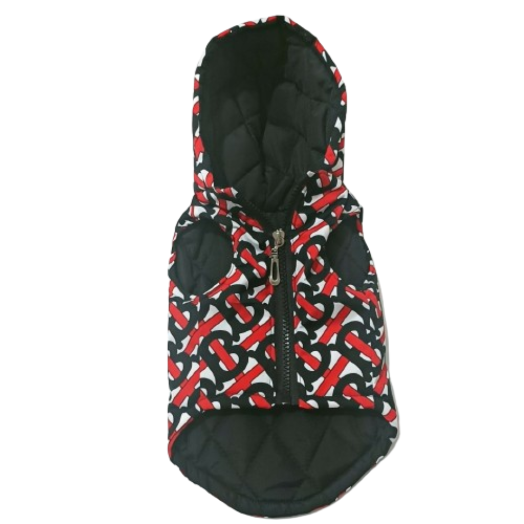 Brown TB monogram dog vest quilted construction showing Burberry heritage style