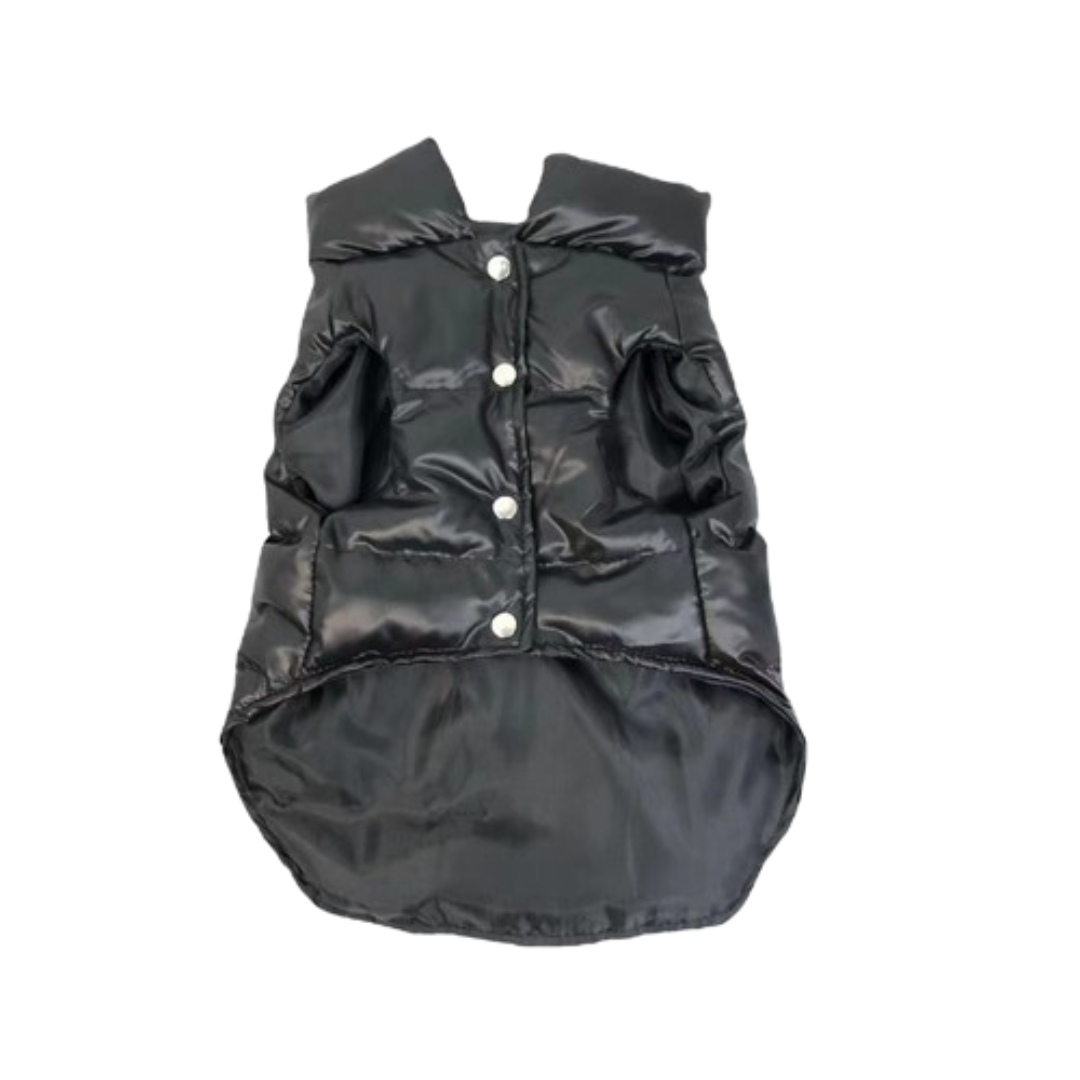 Black quilted dog vest with snap closure and mountain logo patch