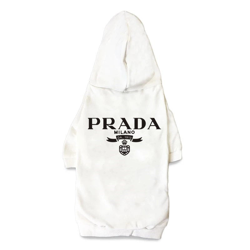 White dog hoodie with black Prada Milano branding, designer streetwear style