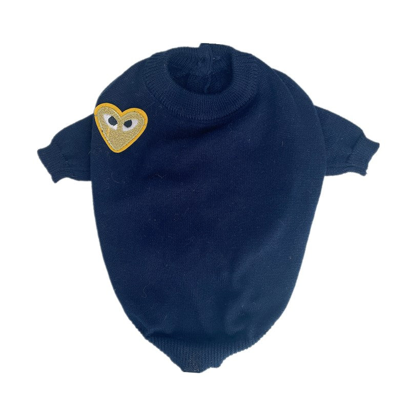 Navy knit dog sweater with gold CDG heart logo detail
