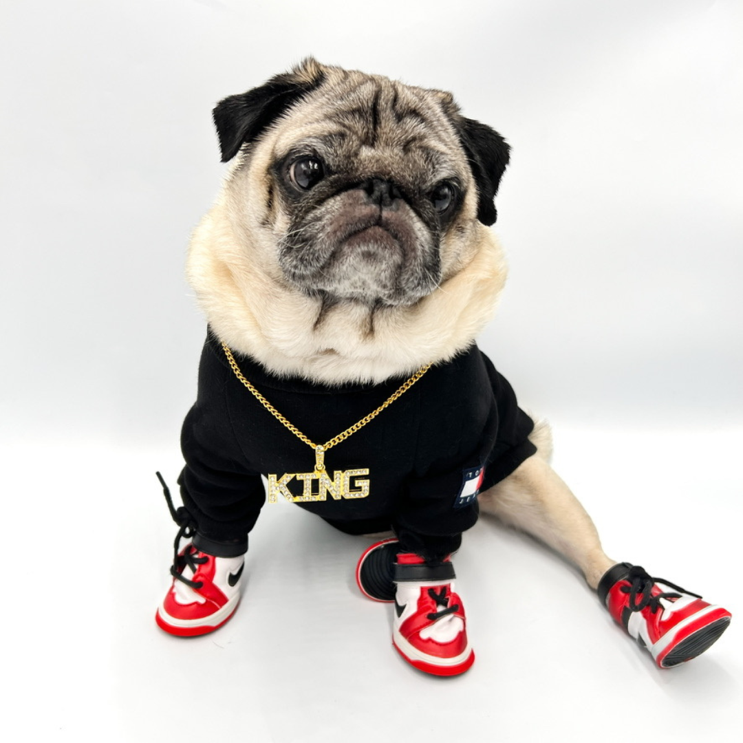 Air Bud high-top dog sneakers in red and black basketball inspired design