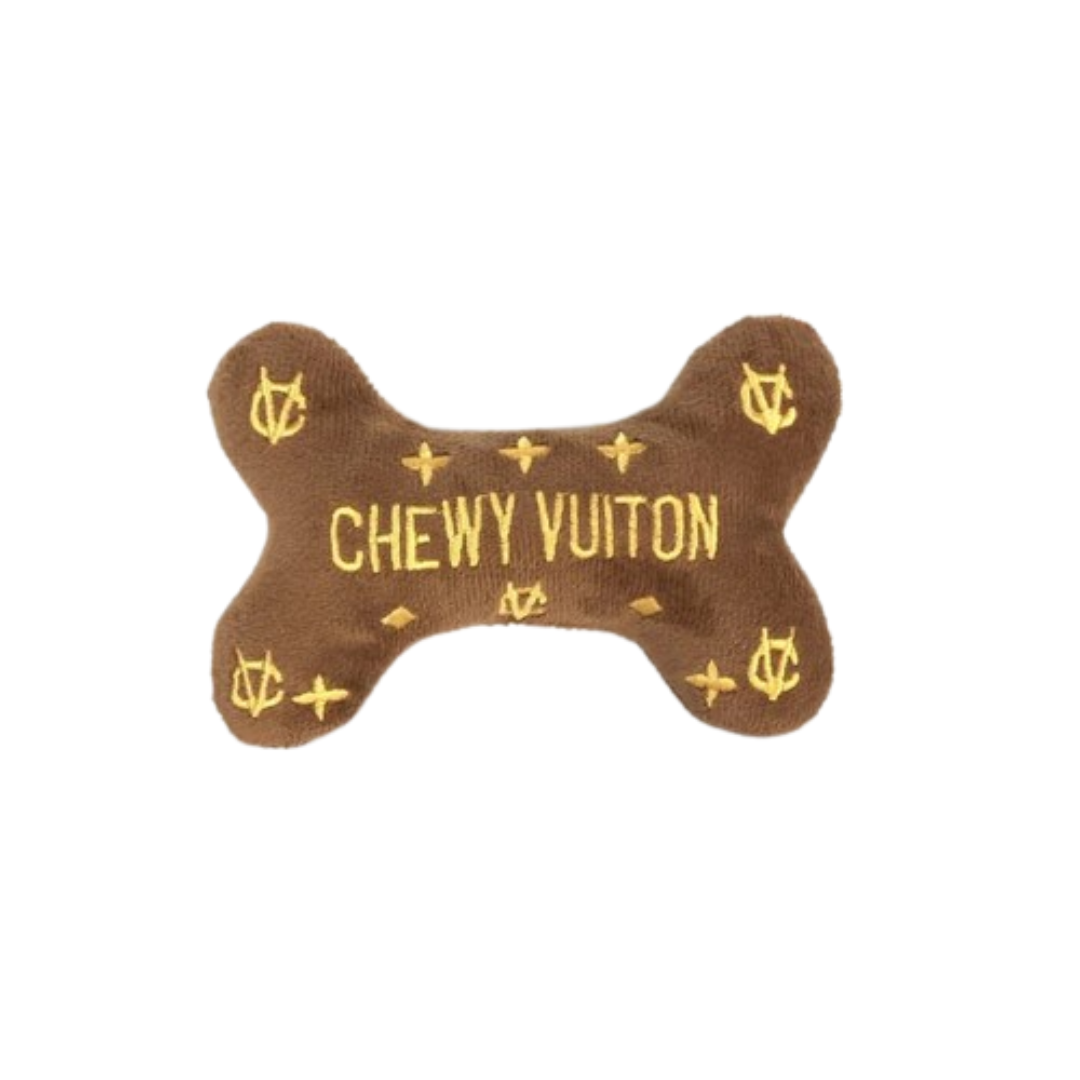 Brown monogram bone shaped dog toy Chewy Vuitton style with gold logo details
