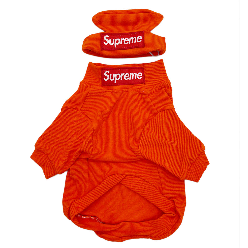 Orange ribbed dog hoodie and hat set Supreme style streetwear