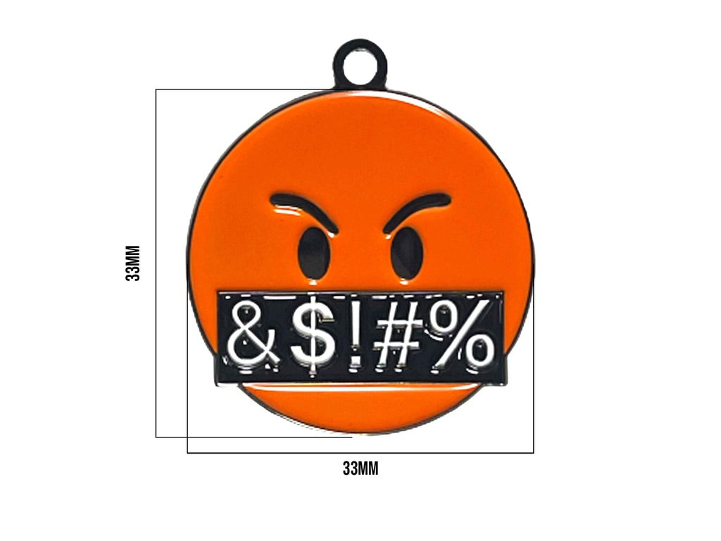 Orange angry face dog tag with dimensions 33mm diameter shown with size guide