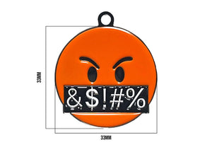 Orange angry face dog tag with dimensions 33mm diameter shown with size guide