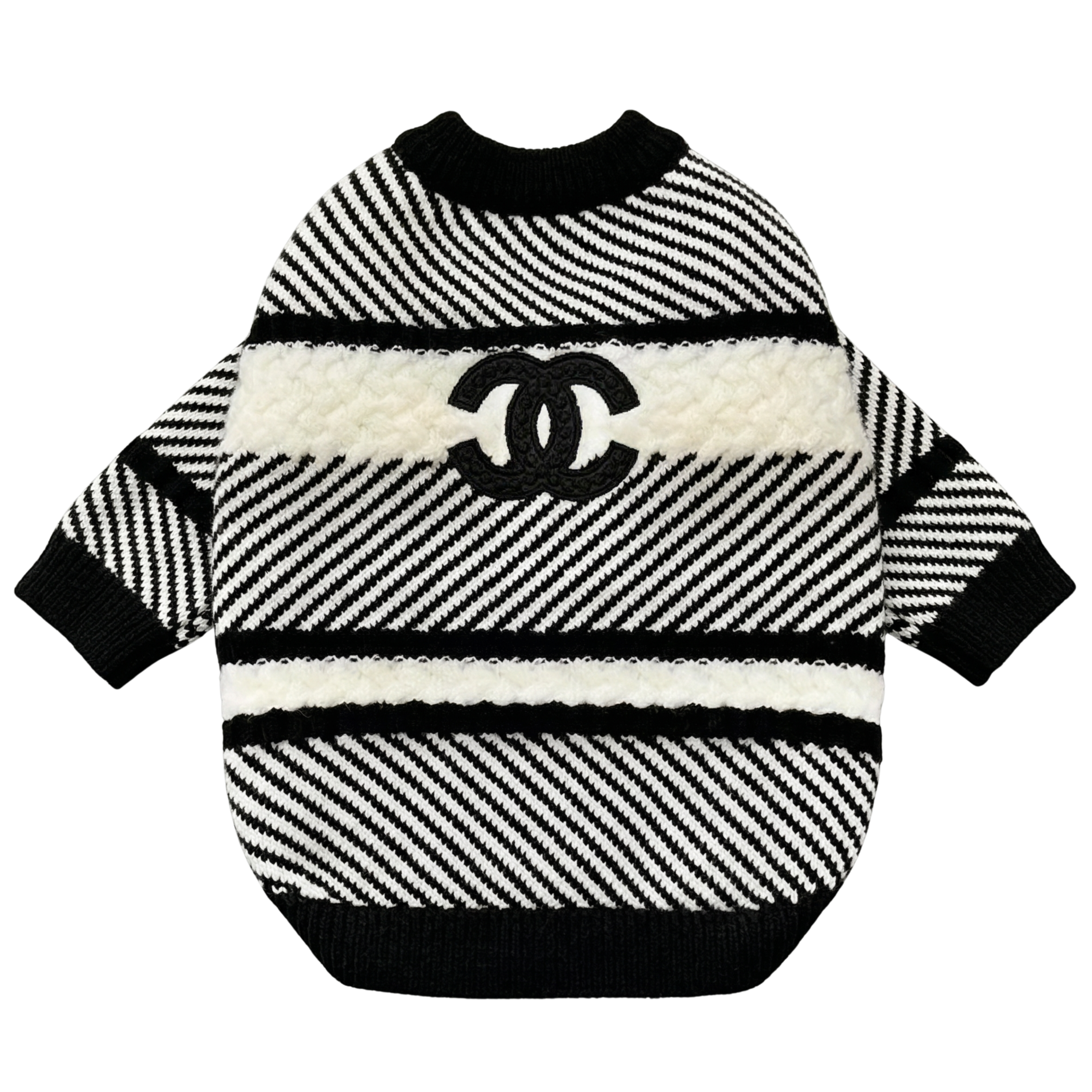 Black diagonal stripe knit dog sweater with white logo detail Chanel style