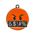 Orange angry face emoji dog ID tag with black censored text bar