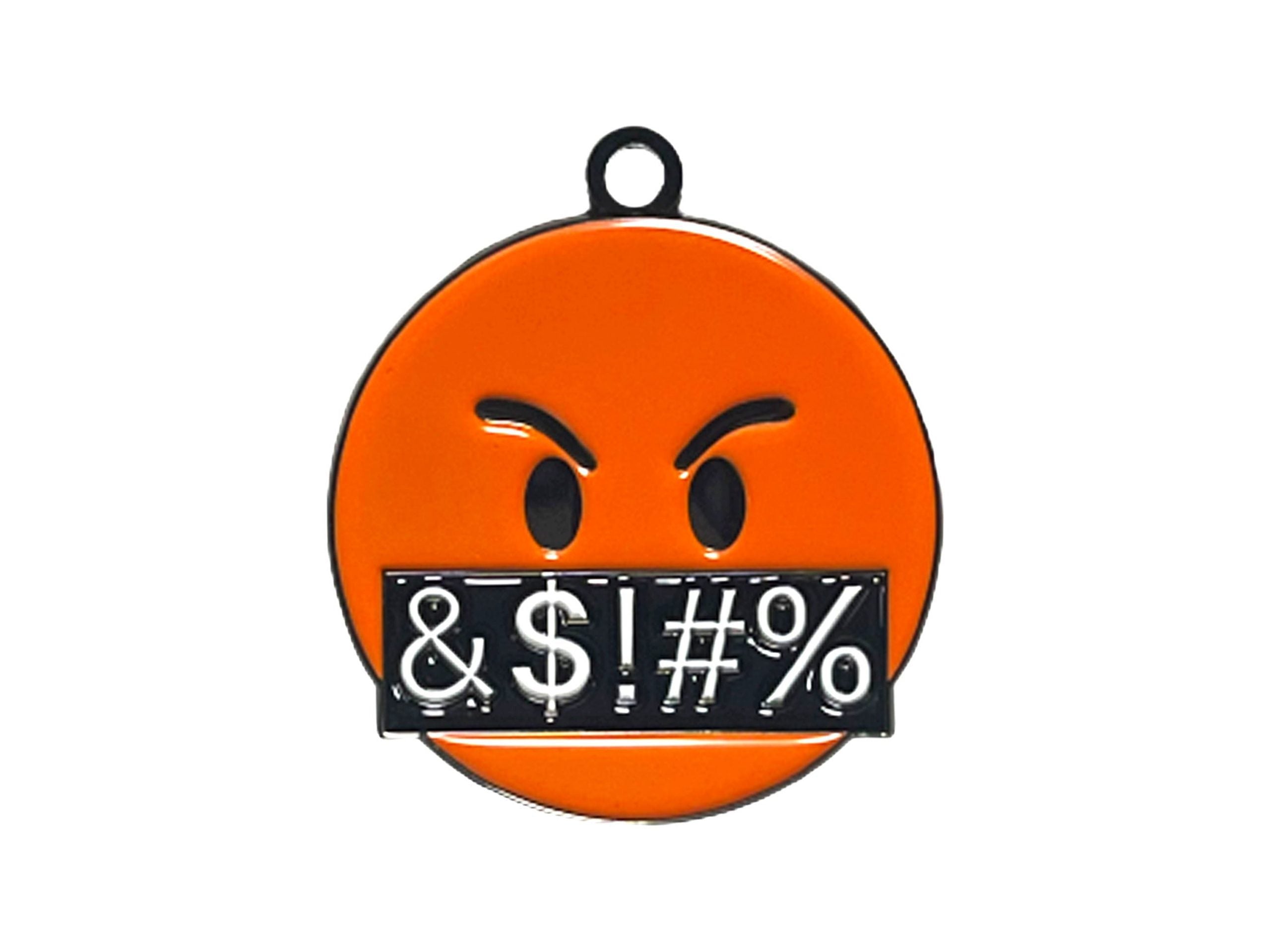 Orange angry face emoji dog ID tag with black censored text bar