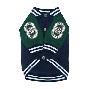 Green and navy varsity dog jacket with snap closure and Burberry inspired bear graphic