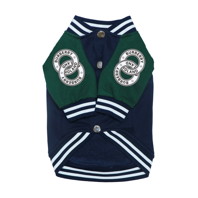 Green and navy varsity dog jacket with snap closure and Burberry inspired bear graphic