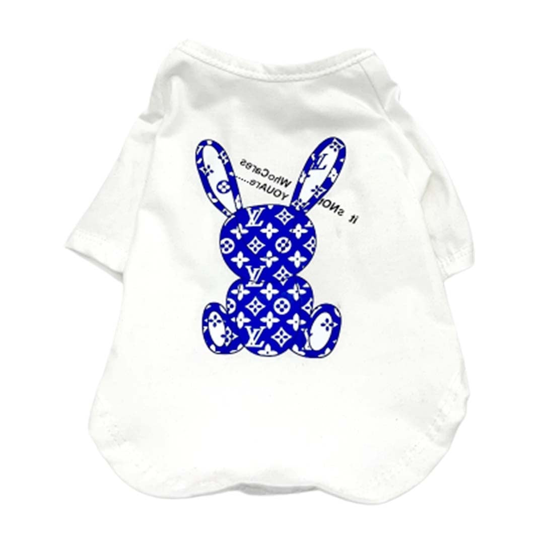 White cotton dog tee with blue monogram rabbit graphic on chest