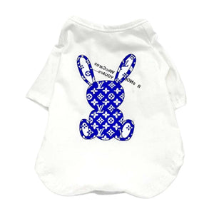 White cotton dog tee with blue monogram rabbit graphic on chest
