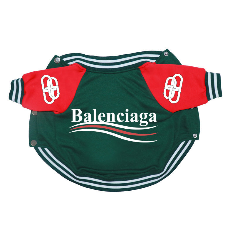 Green varsity bomber dog jacket with red sleeves Balenciaga inspired with white logo text