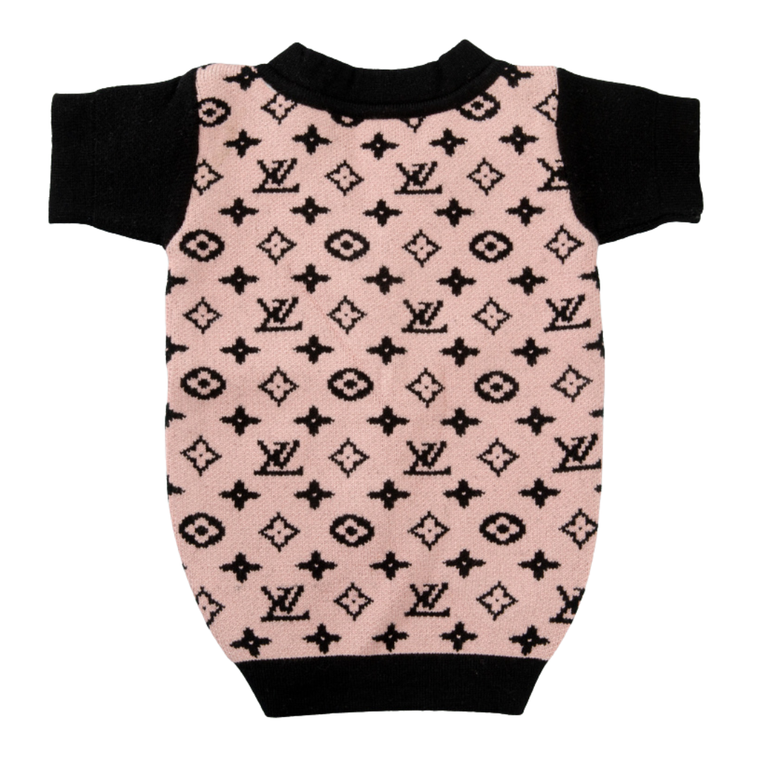 Back view of pink monogram dog cardigan inspired by Louis Vuitton with black trim