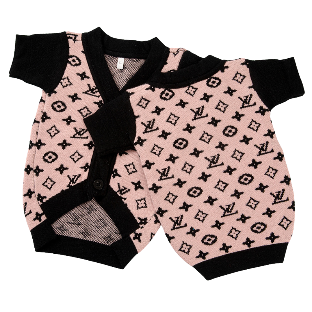 Pink V monogram dog cardigan laid flat showing button closure and ribbed details