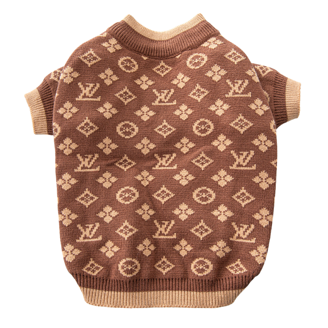 Brown and tan monogram dog sweater Louis Vuitton style flat lay