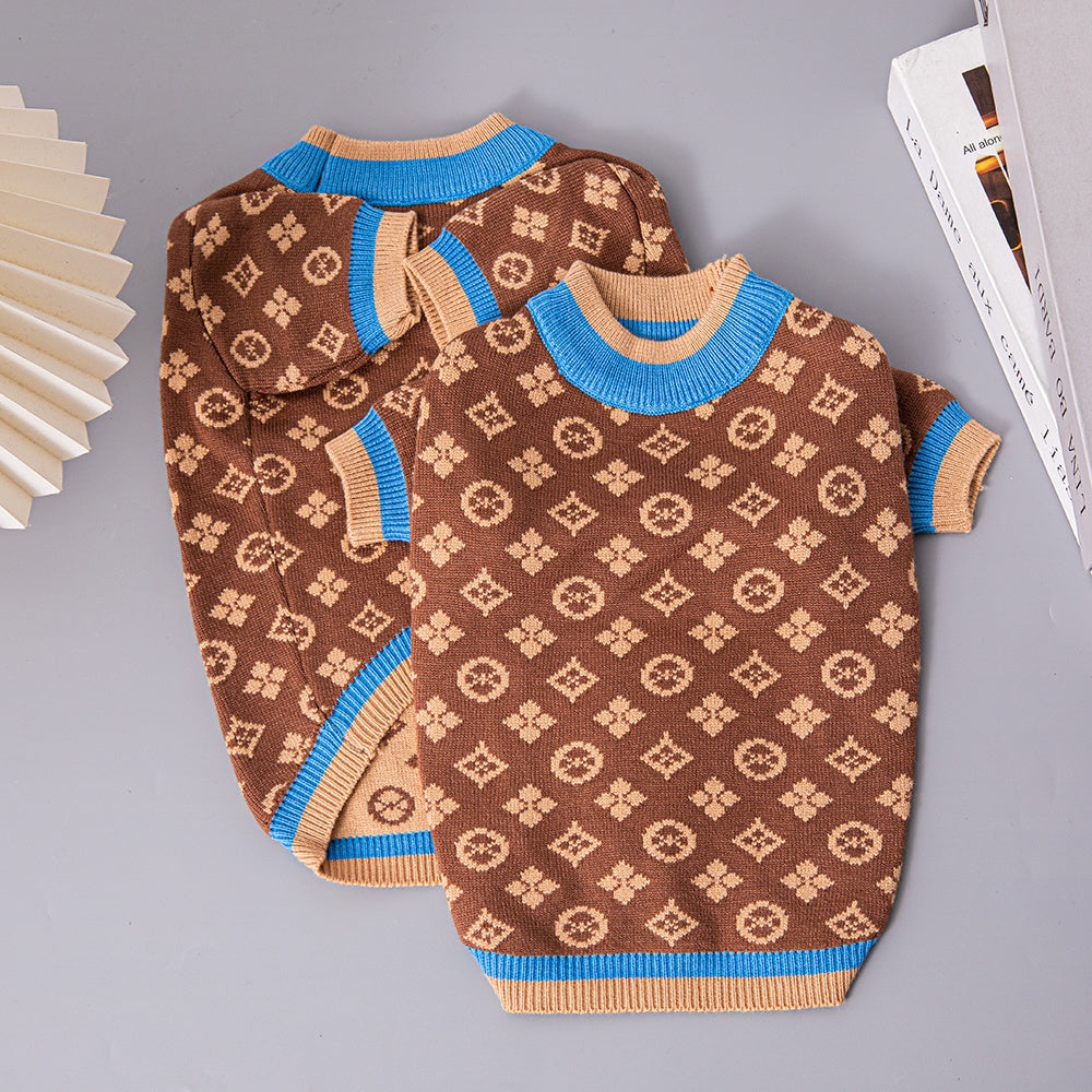Two brown V monogram knit dog sweaters with blue trim colorway variations Louis Vuitton style