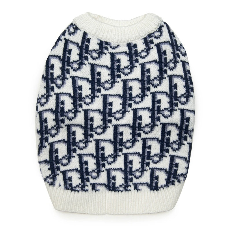 Navy blue Dior style dog sweater flat lay showing ribbed collar and short sleeves