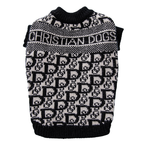 Black and cream knit dog sweater with Dior inspired monogram pattern flat lay