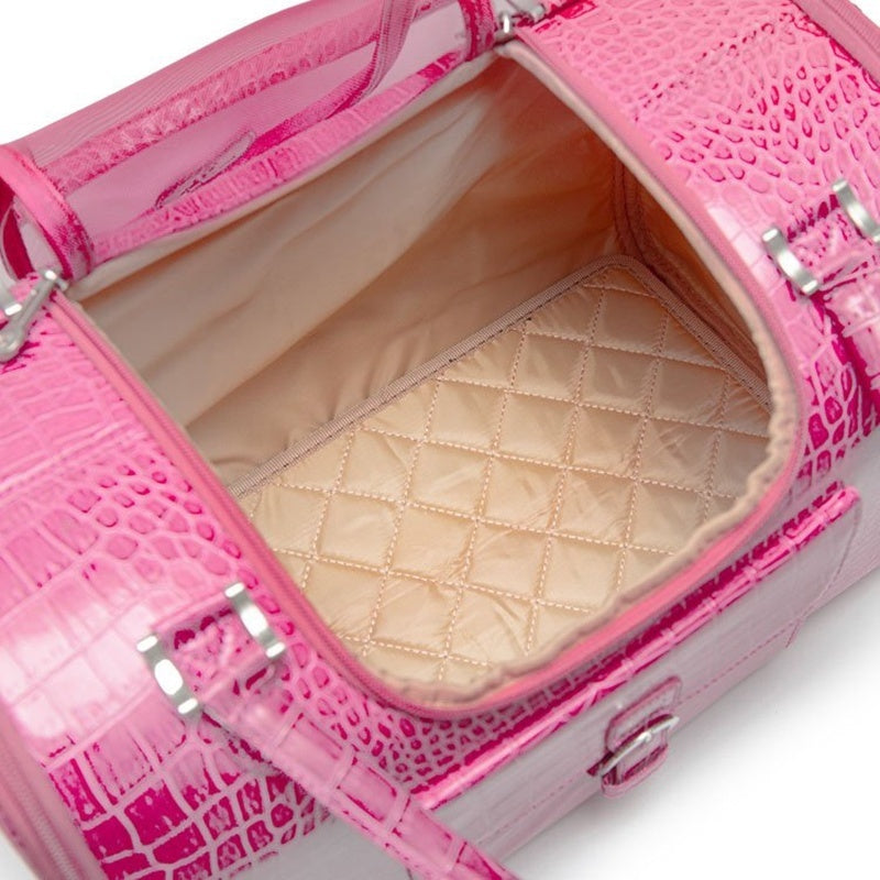 Houndstooth pattern luxury dog carrier with structured frame and premium buckles