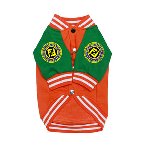 Orange dog bomber jacket with snap closure and FF logo patches on shoulders Fendi inspired