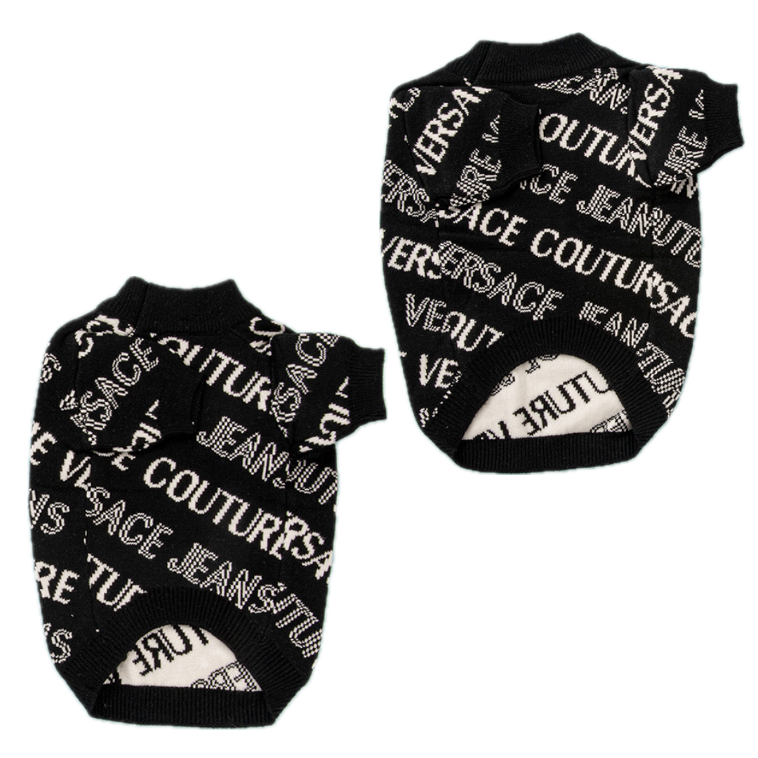 Designer dog sweater with fashion house text print in black and white colorway
