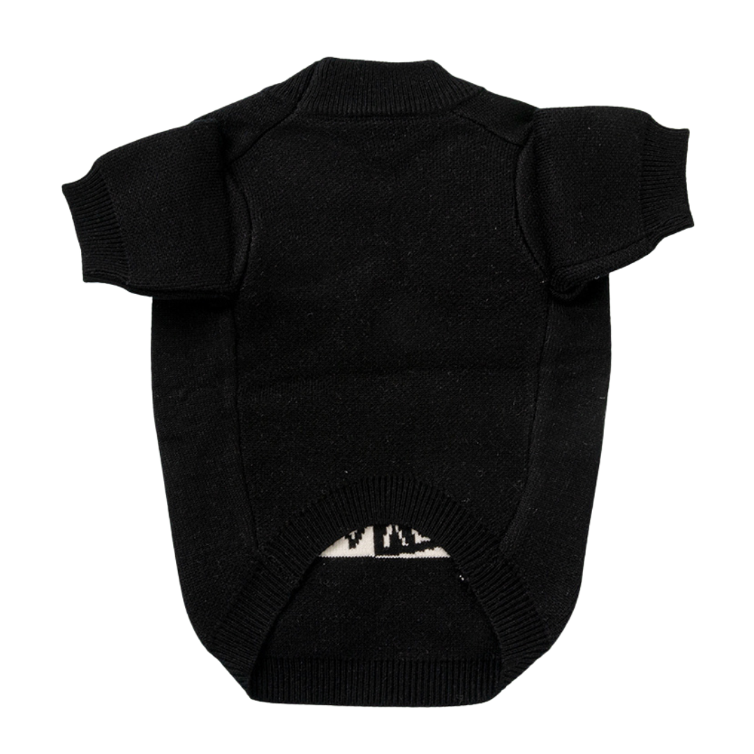 Back view of black knit dog sweater showing plain design with ribbed hem