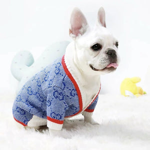 Pawcci Blue Monogram Cardigan on a dog