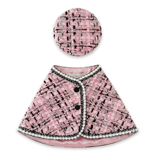 Pink bouclé tweed dog cape with black trim and matching beret inspired by Chanel