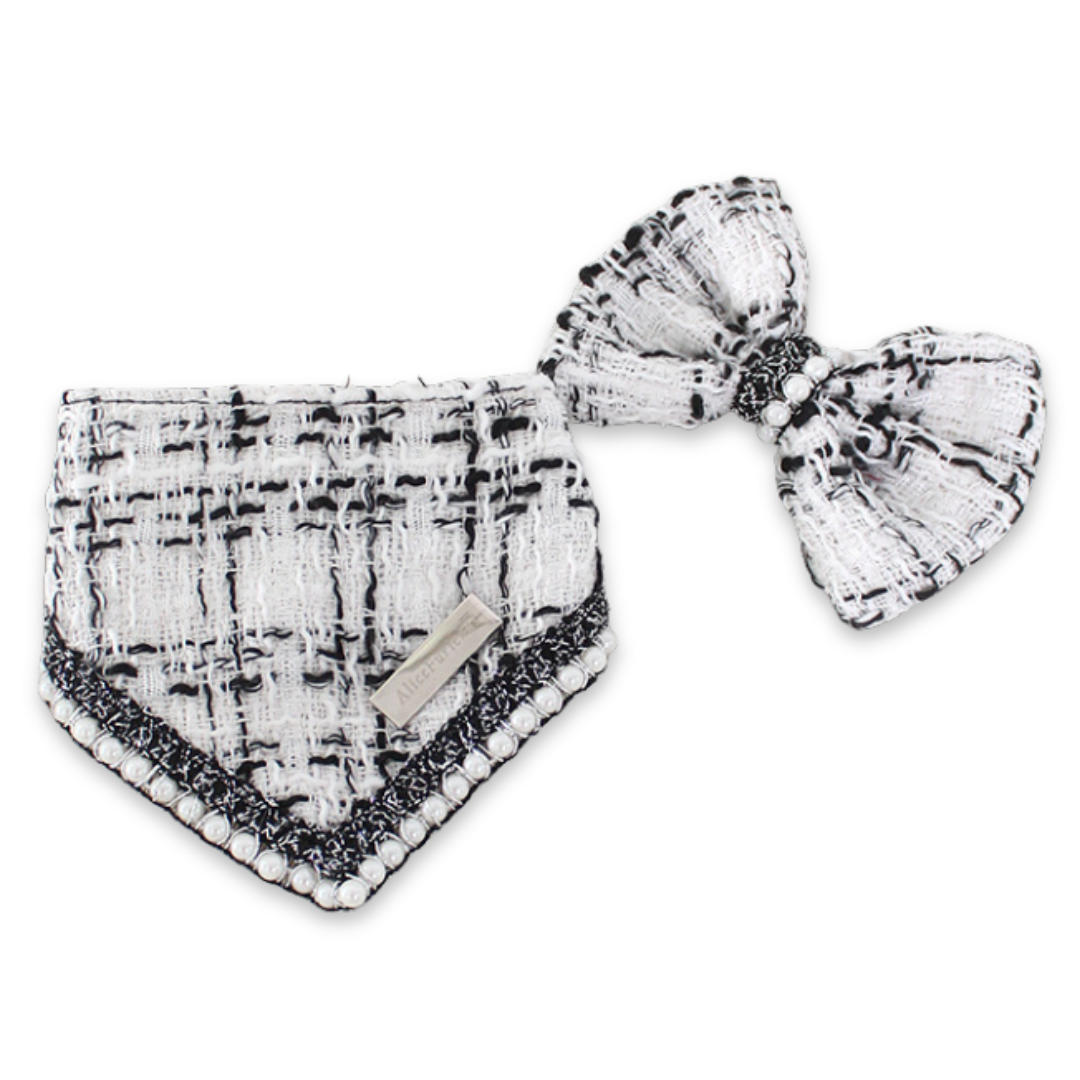 White tweed dog bandana set with pearl border and Chewnel logo plate